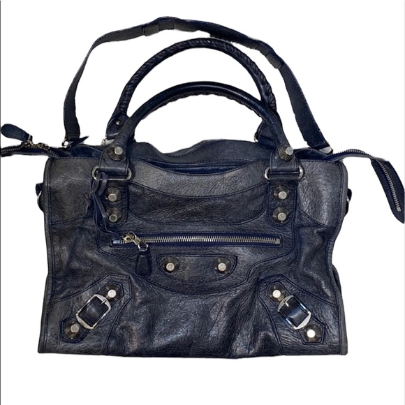 Balenciaga Handbags - genuine leather navy blue studded city bag tote shoulder strap purse mirror